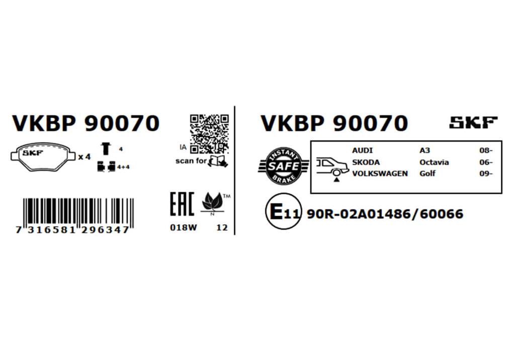 Jeu de 4 plaquettes de frein SKF ref. VKBP 90070